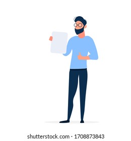 Stylish man with glasses. The guy holds in his hands an empty sheet of paper and shows the class. Isolated, vector.