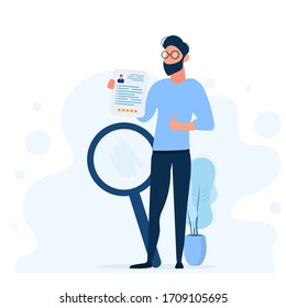 Stylish man with glasses. The guy holds a resume in his hands and shows the class. The concept of finding people to work. In isolation. Vector