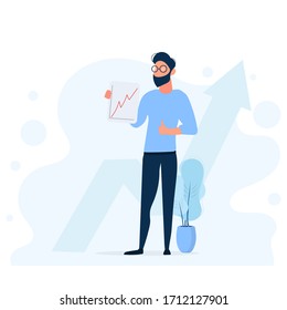 Stylischer Mann mit Brille. Der Typ hält einen positiven Bericht und zeigt den Unterricht. Wachstumsdynamik eines Unternehmens, Gewinns, einer Währung oder einer Aktie. Einzeln. Vektorillustration