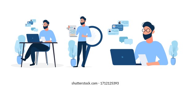 Stylish man in glasses works at a laptop. The guy holds a resume in his hands and shows the class. The concept of finding people for work. Isolated on a white background. Vector.