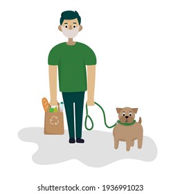 A stylish man in a green T-shirt and a mask goes shopping with his dog. Vector illustration in a flat style.