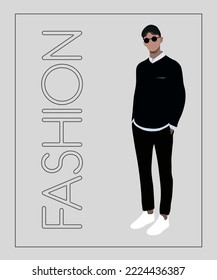 Stylish man. Stylish guy on an interesting gray background with the inscription fashion. Cartoon male characters. Men in fashion clothes. Flat style vector illustration.