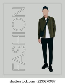 Hombre elegante. Un tipo elegante con un interesante fondo gris con la forma de la inscripción. Personajes masculinos de caricatura. Hombres con ropa de moda. Ilustración vectorial de estilo plano.