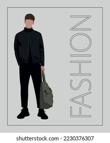 Stylish man. Stylish guy on an interesting gray background with the inscription fashion. Cartoon male characters. Men in fashion clothes. Flat style vector illustration.