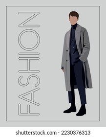 Stylish man. Stylish guy on an interesting gray background with the inscription fashion. Cartoon male characters. Men in fashion clothes. Flat style vector illustration.