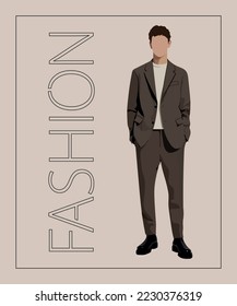 Stylish man. Stylish guy on an interesting gray background with the inscription fashion. Cartoon male characters. Men in fashion clothes. Flat style vector illustration.