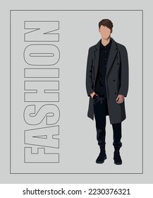 Hombre elegante. Un tipo elegante con un interesante fondo gris con la forma de la inscripción. Personajes masculinos de caricatura. Hombres con ropa de moda. Ilustración vectorial de estilo plano.
