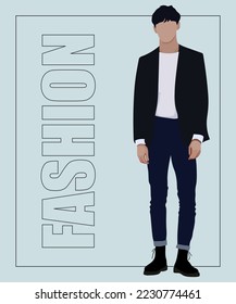 Stylish man. Stylish guy on an interesting gray background with the inscription fashion. Cartoon male characters. Men in fashion clothes. Flat style vector illustration.
