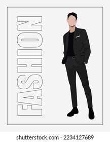 Stylish man. Stylish guy on an interesting gray background with the inscription fashion. Cartoon male characters. Men in fashion clothes. Flat style vector illustration.
