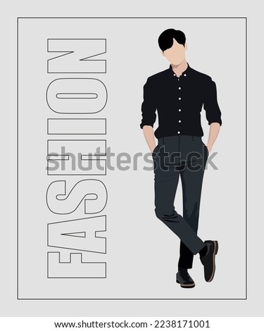 Stylish man. Stylish guy on an interesting gray background with the inscription fashion. Cartoon male characters. Men in fashion clothes. Flat style vector illustration.