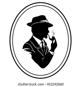 Stylish man in hat with pipe. Gentleman smokes. Black silhouette isolated on white background. Vector illustration.