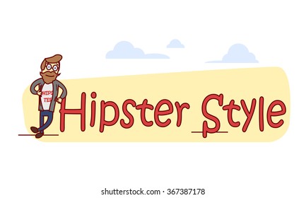 Stylish man hipster with text on a yellow background and clouds. Vector