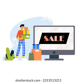 Stylish man holding gift boxes, standing near big computer screen, making online purchases. Profitable shopping day concept. Receiving goods from online store. Flat vector illustration