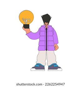 Stylish man holding a light bulb in his hands. Idea theme.