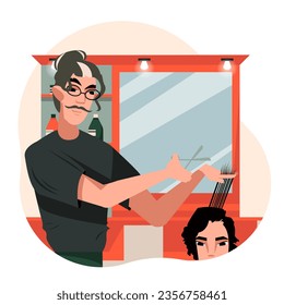Stylish man holding scissors and doing haircut to man. Hairdresser working with client. Haircut concept for men. Barber career concept. Flat vector illustration in cartoon style