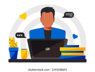 Stylish man in a jacket at a table with a laptop. Online education concept in blue and yellow colors flat style. Remote work freelancer. Vector.