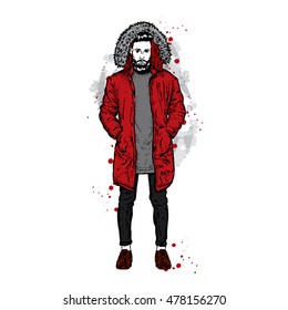 Stylish man in the jacket. Vector illustration for greeting card, poster, or print on clothes. Autumn and winter. Fashion & Style.