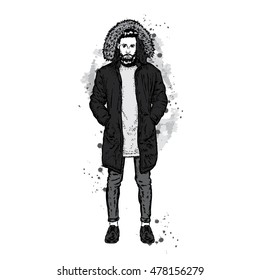 Stylish man in the jacket. Vector illustration for greeting card, poster, or print on clothes. Autumn and winter. Fashion & Style.