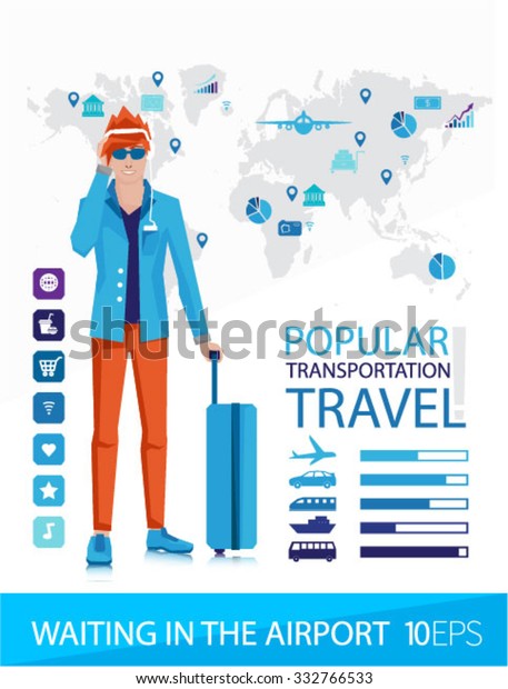 Stylish man\
listening to music on headphones. The guy with the luggage in the\
airport. Vector flat illustration. Traveler waiting to plane in the\
waiting area. Tourist with\
suitcases