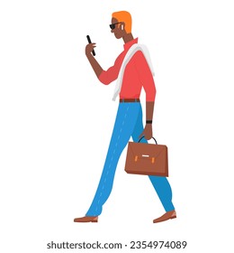 Stylish man looking on phone. Cool business manager calling by cell vector illustration