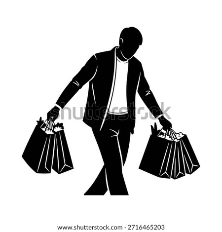Stylish man with multiple shopping bags on both hands. Shopper carrying purchases after successful shopping spree. Retail therapy and consumerism concept.