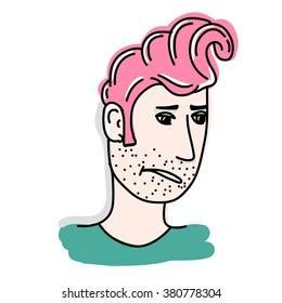 Stylish man with pink hair . frustrated expression on his face . Unshaven man . Sad young man