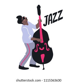 Stylish man plays a double bass. Jazz musician. Vector poster. Isolated. Can used in logo, sticker, print, badge, cover. 