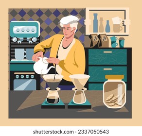 Stylish man preparing coffee at work. Modern work for students. Process of making tasty drink. Colorful flat vector illustration in cartoon style in blue colors