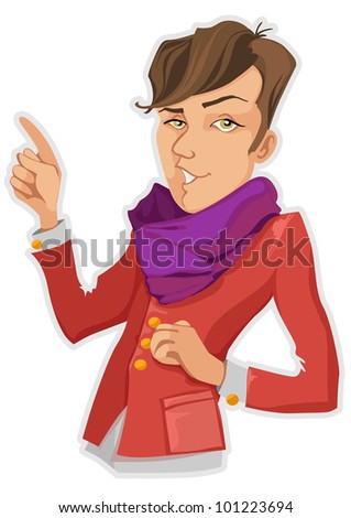 A stylish man in a purple scarf points finger up