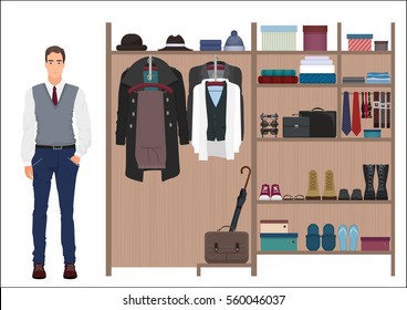 Stylish man and man s wardrobe. Vector Men's dressing room design. Clothes and shoes on hangers