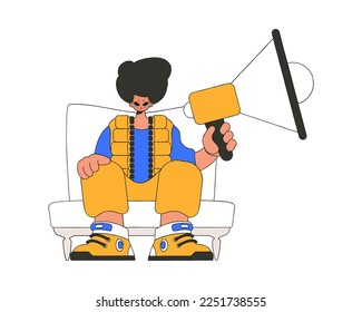 Stylish man sits in a chair and holds a megaphone. Good for job search topics.