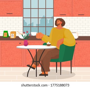 Stylish man sitting on modern armchair at home at a cozy table drinking coffee vector illustration. Male character having lunch drinking tea and eating cupcake in a kitchen interior with furniture