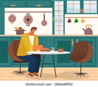 Stylish man sitting on modern armchair at home at a cozy table eating dinner vector illustration. Male character having lunch drinking tea and eating salad in a kitchen interior with furniture