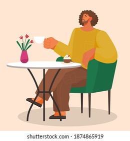 Stylish man sitting on soft armchair at home or restaurant at a cozy table drinking coffee vector illustration. Male character having lunch in a restaurant or cafe drinking tea and eating cupcake