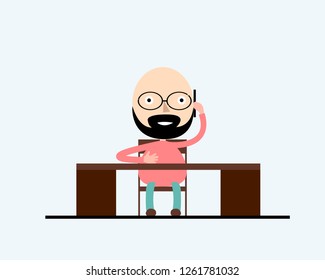 A stylish man sitting at the table in the ofice and working . Vector illustration, trendy style, flat design. Business concept