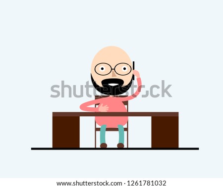 A stylish man sitting at the table in the ofice and working . Vector illustration, trendy style, flat design. Business concept