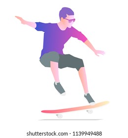 Stylish man skateboarder doing a trick. Isolated vector illustration on white background
