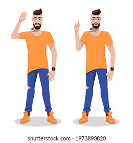 A stylish man with a smoking pipe greets with his hand and finds a solution. Vector illustration.