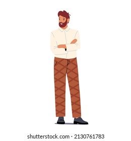 Stylish Man Stand in Self-Confident Posture. Male Character Wear Casual Clothes with Crossed Arms Isolated on White Background. Bearded Businessman with Happy Face. Cartoon People Vector Illustration