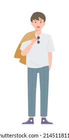 A stylish man is standing in a nice pose with a jacket on his shoulders. flat design style vector illustration.