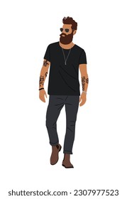 Stylish man in street fashion outfit. Bearded guy wearing modern casual clothes, black jeans, t-shirt, sunglasses with tattoo. Vector realistic illustration isolated on white background