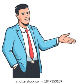 Stylish man in suit explain gesture. Positive businessman showing something. Vector illustration.
