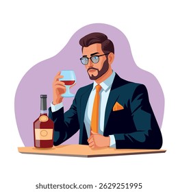 Stylish Man in Suit Holding a Glass of Whiskey or cognac