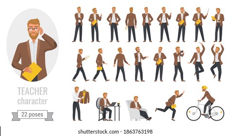 Stylish Man Teacher Poses Vector Illustration Set. Cartoon Executive Adult Male Lector Character Posing In Pointing, Thinking, Speaking On Lecture Presentation, Gestures Collection Isolated On White