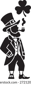 Hombre con estilo en el sombrero de copa fuma pipa bajo el trébol de la suerte