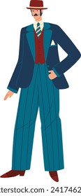 Stylish man in vintage suit and red hat standing confidently. Elegant gentleman with mustache in 1920s fashion. Retro men s style and fashion vector illustration.