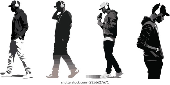 A stylish man walking with headphones, people silhouette, pop style