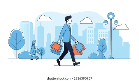 Stylish man walking through a modern city park with shopping bags representing urban lifestyle and consumer retail therapy.