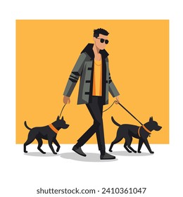 Hombre elegante caminando dos perros negros sobre correas. Un chico casual con gafas de sol disfruta de caminar un perro. Ilustración de vectores de cuidado de mascotas urbanas y estilo de vida