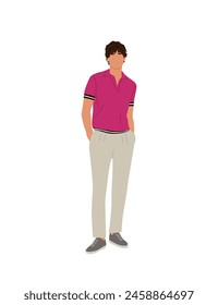 Stylish man wearing casual summer street fashion outfit standing with his arms in pockets. Vector realistic illustration isolated on white background.